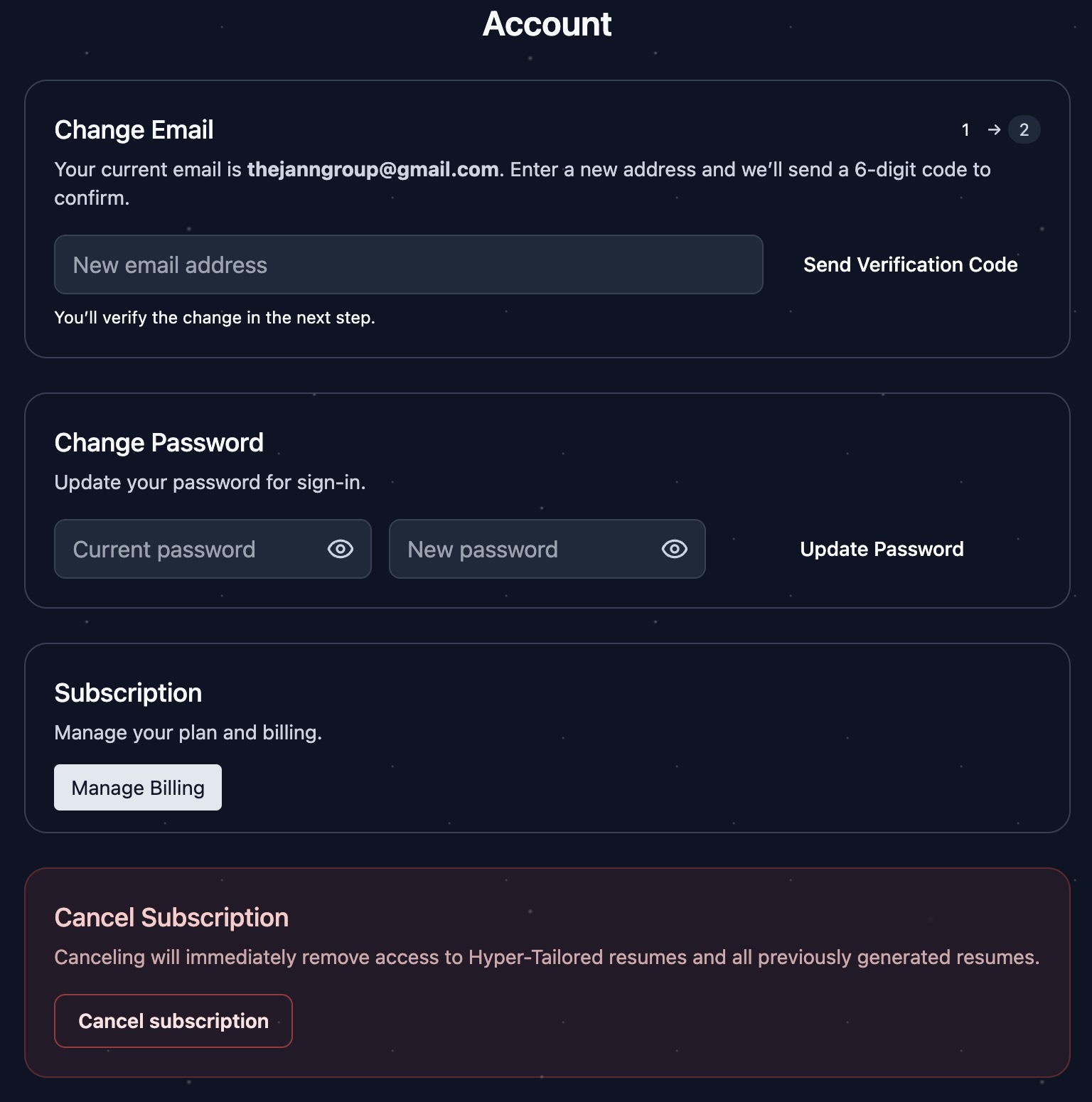 Account page – change email, password, and manage billing